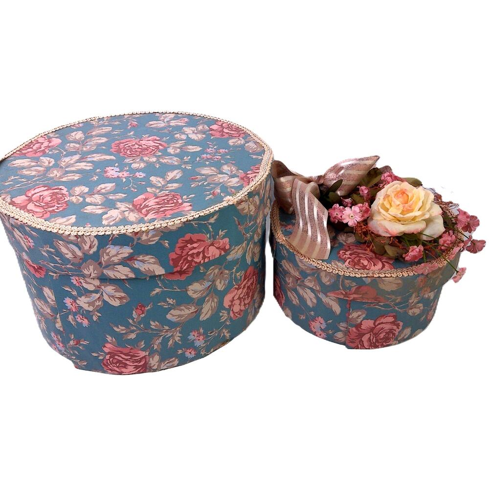 Vintage Floral Nesting Hat Boxes 2-Piece Round Keepsake Gift Storage Box Set